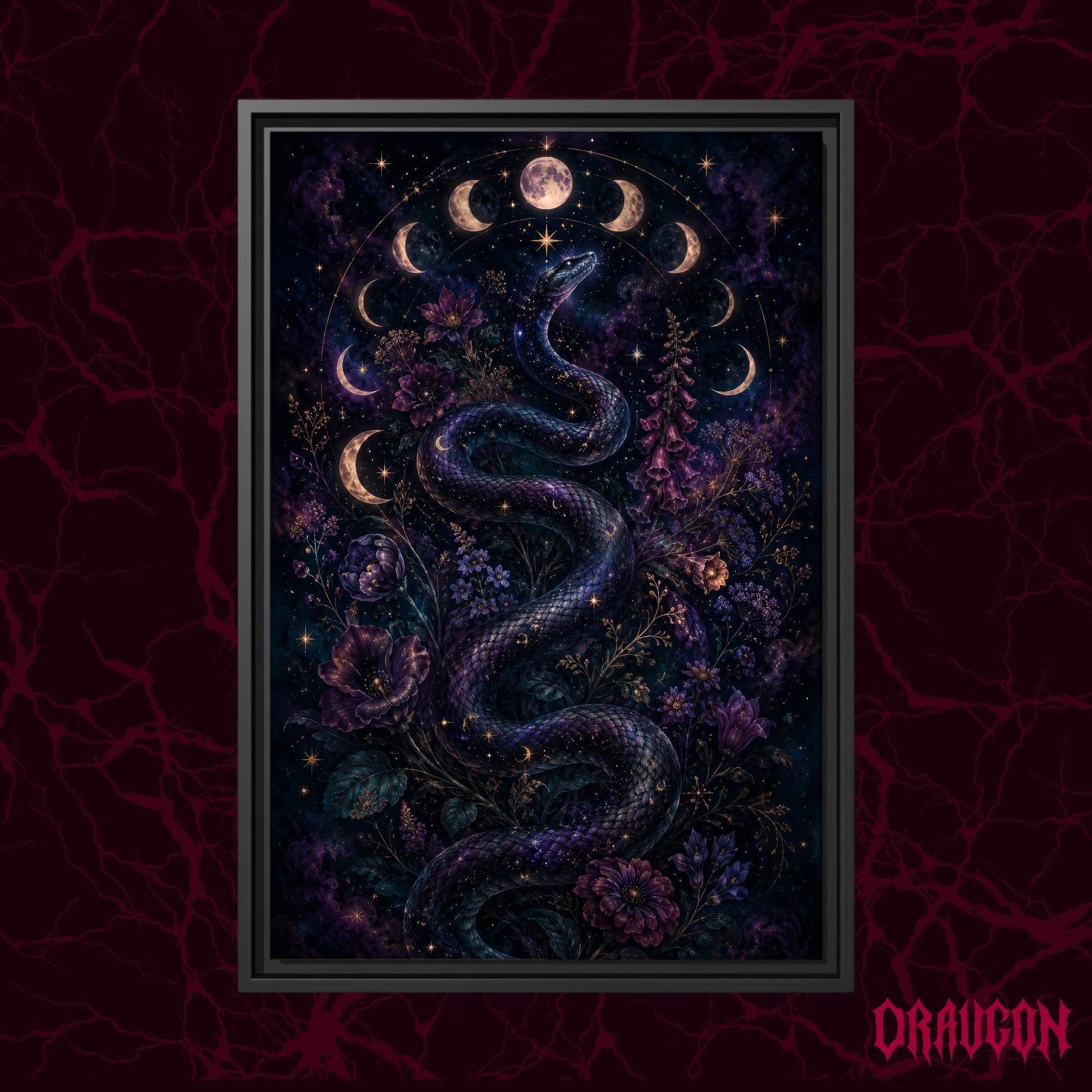 Celestial Serpent shown as a black framed canvas against a deep red marbled backdrop with the Draugon wordmark in the lower corner, displaying the coiling snake within its ring of moon phases.