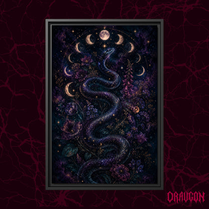Celestial Serpent shown as a black framed canvas against a deep red marbled backdrop with the Draugon wordmark in the lower corner, displaying the coiling snake within its ring of moon phases.