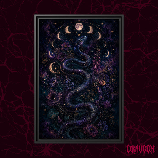 Celestial Serpent shown as a black framed canvas against a deep red marbled backdrop with the Draugon wordmark in the lower corner, displaying the coiling snake within its ring of moon phases.