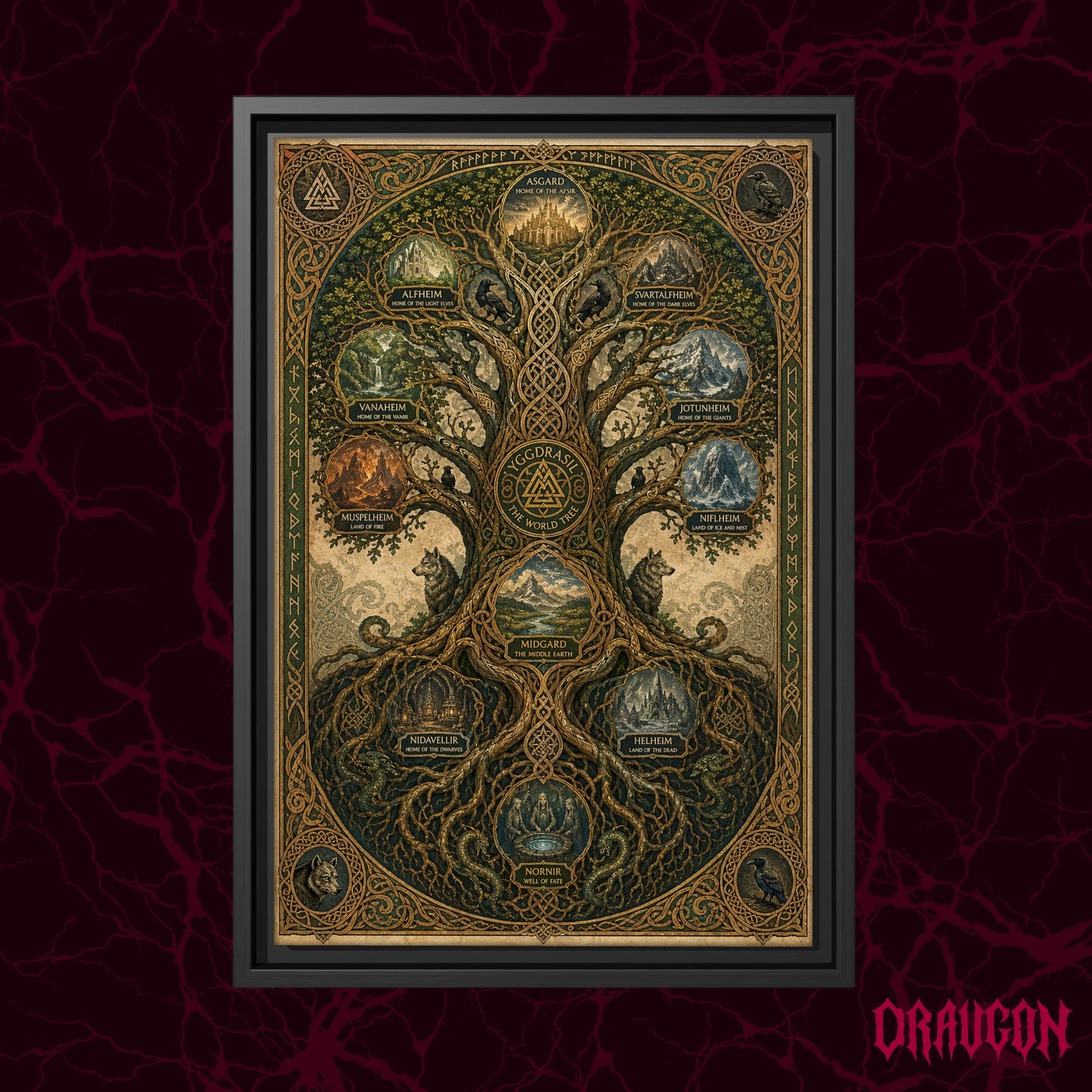 The Nine Realms shown as a black framed canvas against a deep red marbled backdrop with the Draugon wordmark in the lower corner, displaying the full labelled world tree chart.
