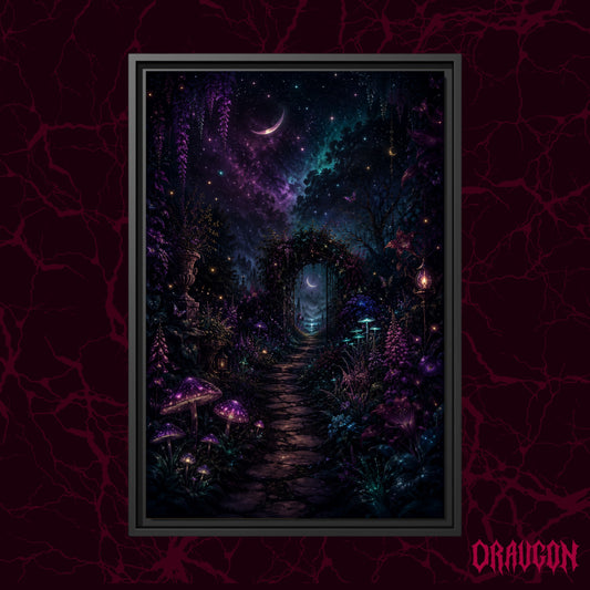 The Midnight Garden shown as a black framed canvas against a deep red marbled backdrop with the Draugon wordmark in the lower corner, displaying the glowing garden path and moonlit archway.