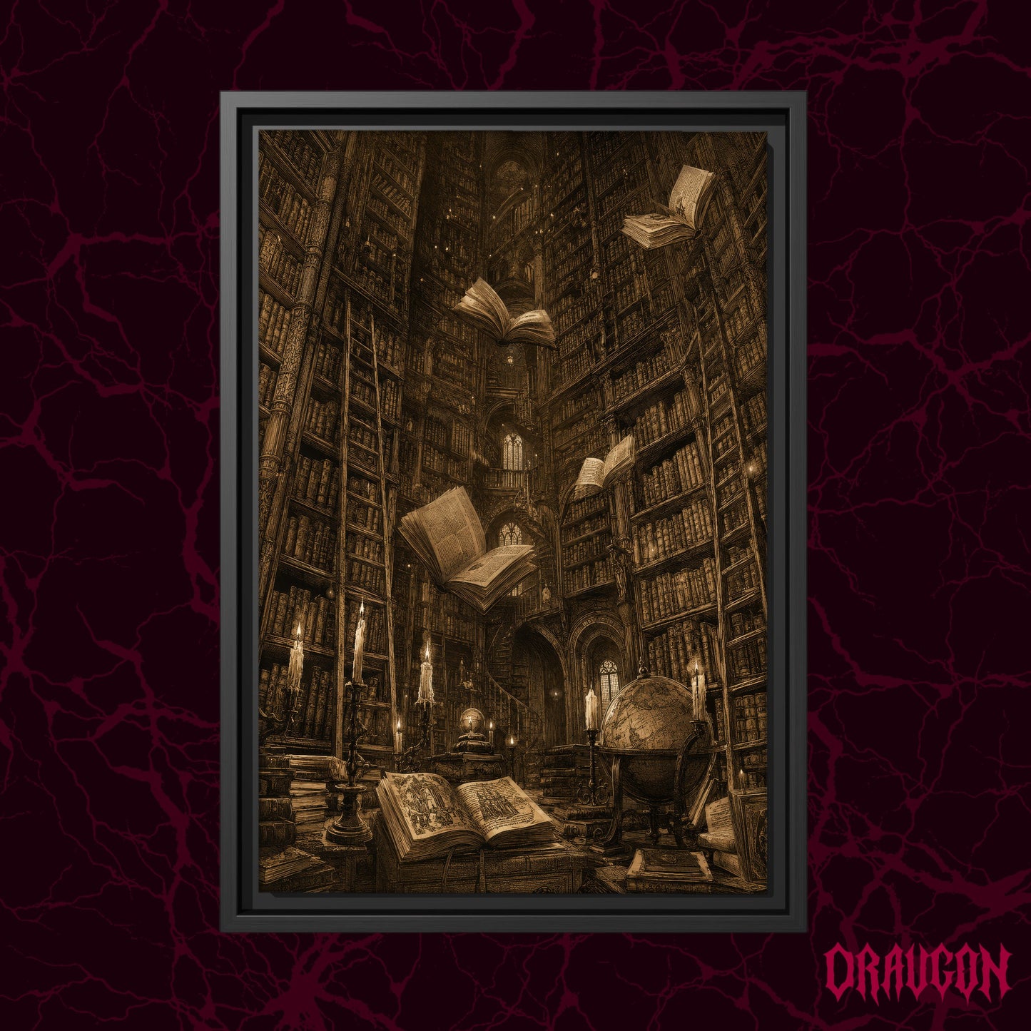 The Untethered Athenaeum shown as a black framed canvas against a deep red marbled backdrop with the Draugon wordmark in the lower corner, displaying the floating books, spiral staircase, ladder, globe and candlelit foreground of the library scene.