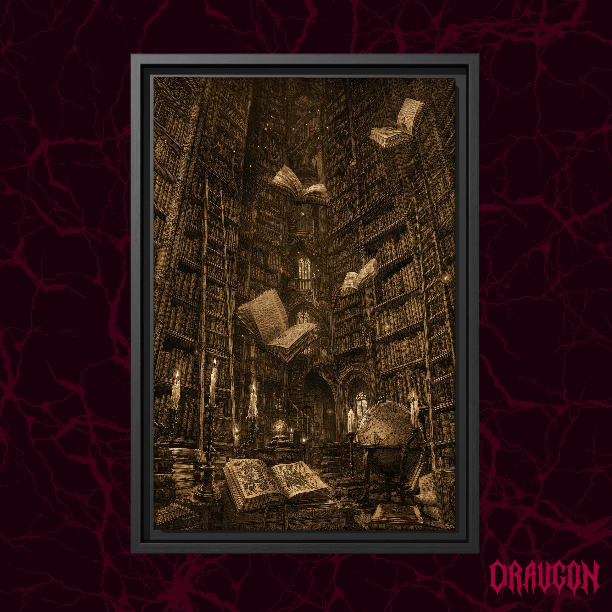 The Untethered Athenaeum shown as a black framed canvas against a deep red marbled backdrop with the Draugon wordmark in the lower corner, displaying the floating books, spiral staircase, ladder, globe and candlelit foreground of the library scene.