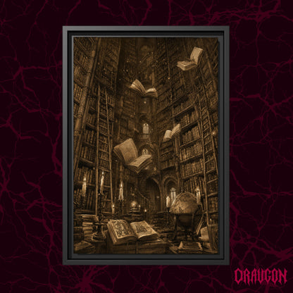 The Untethered Athenaeum shown as a black framed canvas against a deep red marbled backdrop with the Draugon wordmark in the lower corner, displaying the floating books, spiral staircase, ladder, globe and candlelit foreground of the library scene.