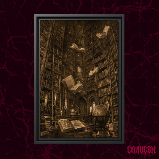 The Untethered Athenaeum shown as a black framed canvas against a deep red marbled backdrop with the Draugon wordmark in the lower corner, displaying the floating books, spiral staircase, ladder, globe and candlelit foreground of the library scene.
