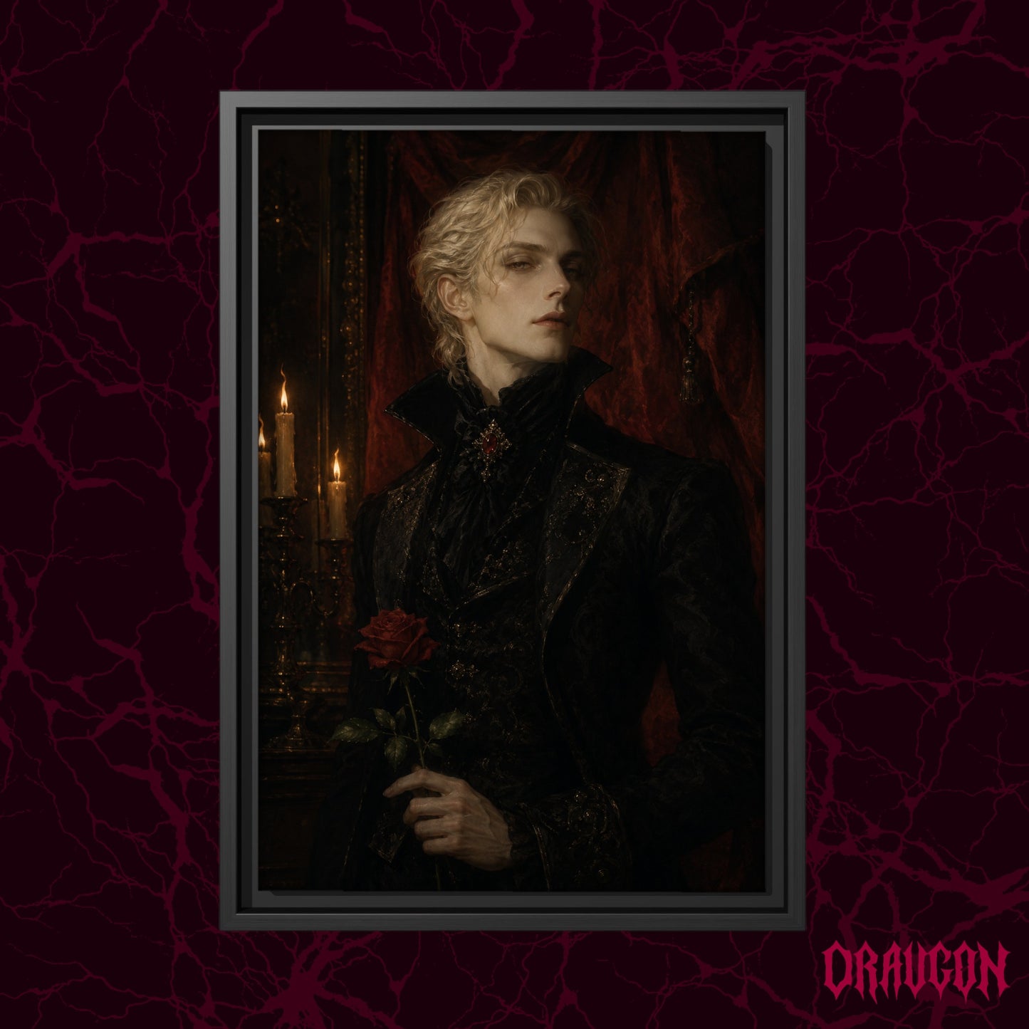 The Aesthete shown as a black framed canvas against a deep red marbled backdrop with the Draugon wordmark in the lower corner, displaying the candlelit aristocrat portrait.