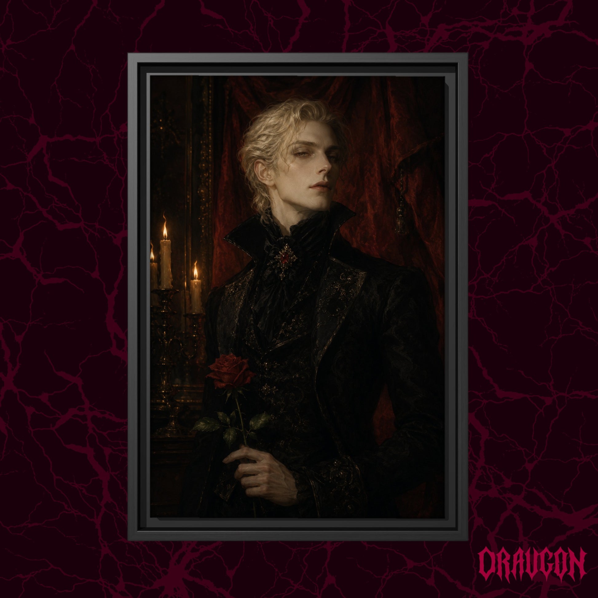 The Aesthete shown as a black framed canvas against a deep red marbled backdrop with the Draugon wordmark in the lower corner, displaying the candlelit aristocrat portrait.