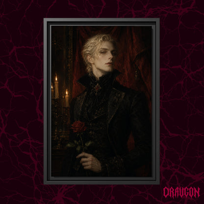 The Aesthete shown as a black framed canvas against a deep red marbled backdrop with the Draugon wordmark in the lower corner, displaying the candlelit aristocrat portrait.