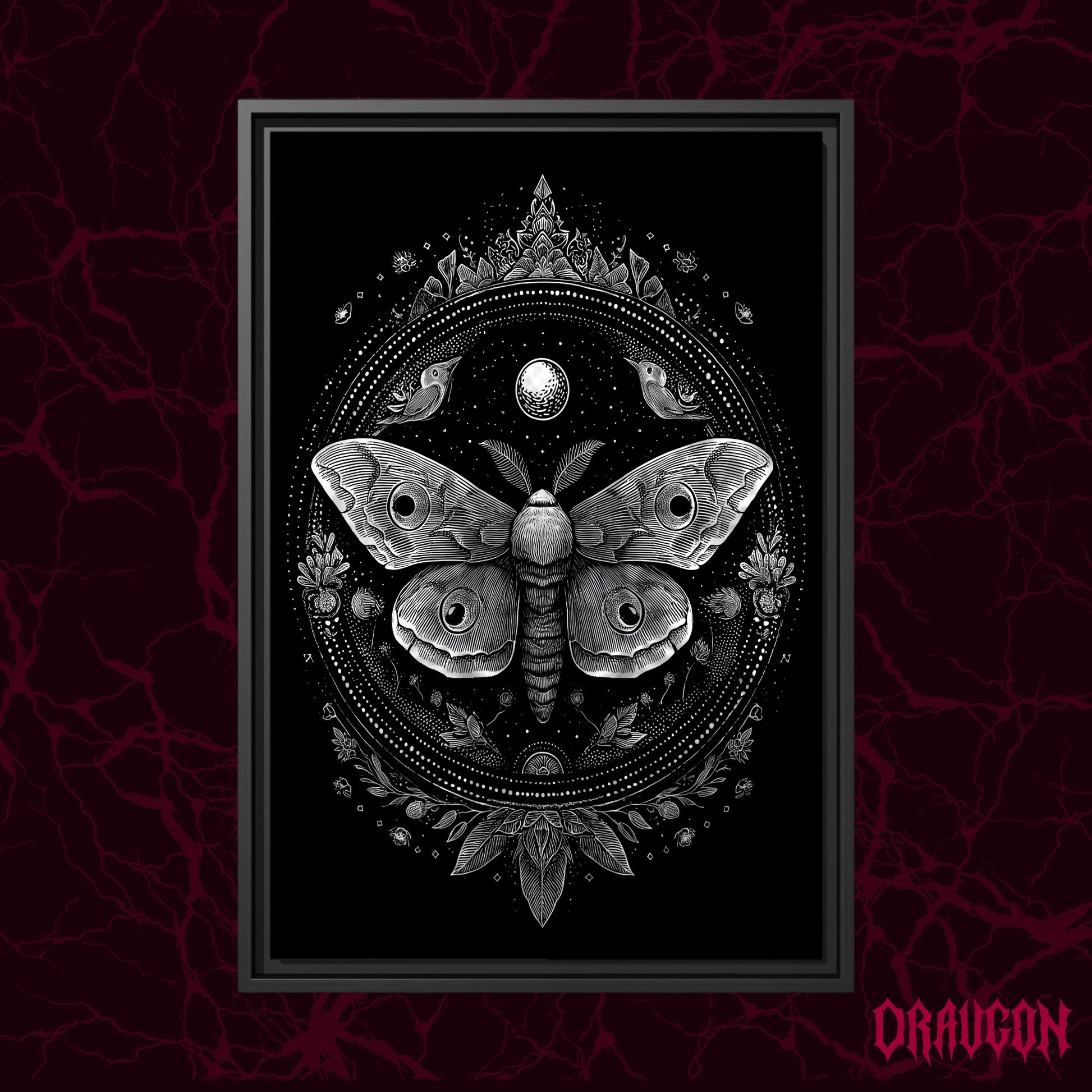 Vespers shown as a black framed canvas against a deep red marbled backdrop with the Draugon wordmark in the lower corner, displaying the full white moth mandala on black.