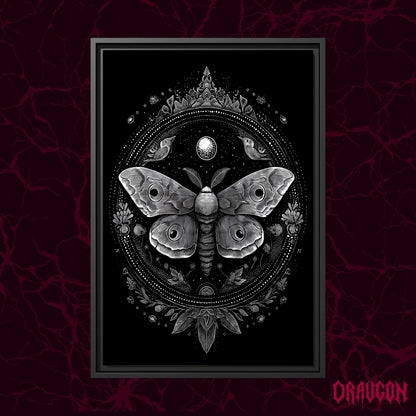 Vespers shown as a black framed canvas against a deep red marbled backdrop with the Draugon wordmark in the lower corner, displaying the full white moth mandala on black.
