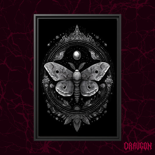 Vespers shown as a black framed canvas against a deep red marbled backdrop with the Draugon wordmark in the lower corner, displaying the full white moth mandala on black.