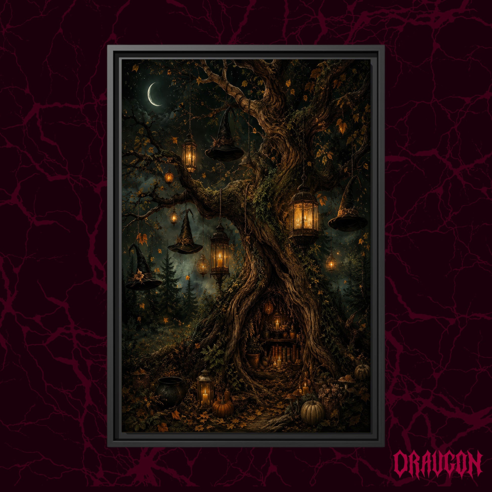 Ember Hollow shown as a black framed canvas against a deep red marbled backdrop with the Draugon wordmark in the lower corner, displaying the gnarled tree and its glowing root hollow.