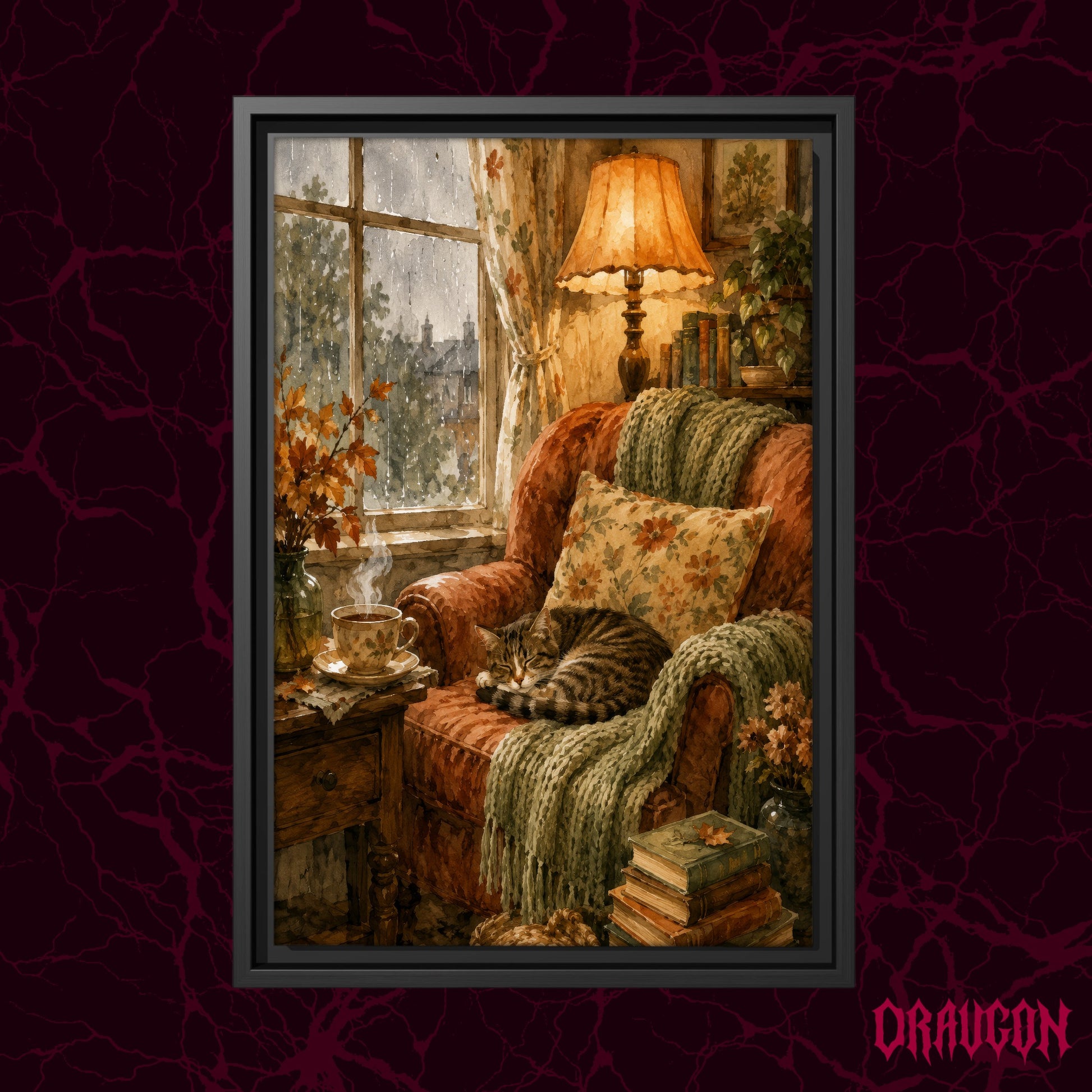 Tabby's Teatime Nap shown as a black framed canvas against a dark cracked burgundy backdrop with the Draugon wordmark in the lower corner, displaying the sleeping cat and rainy window reading nook.