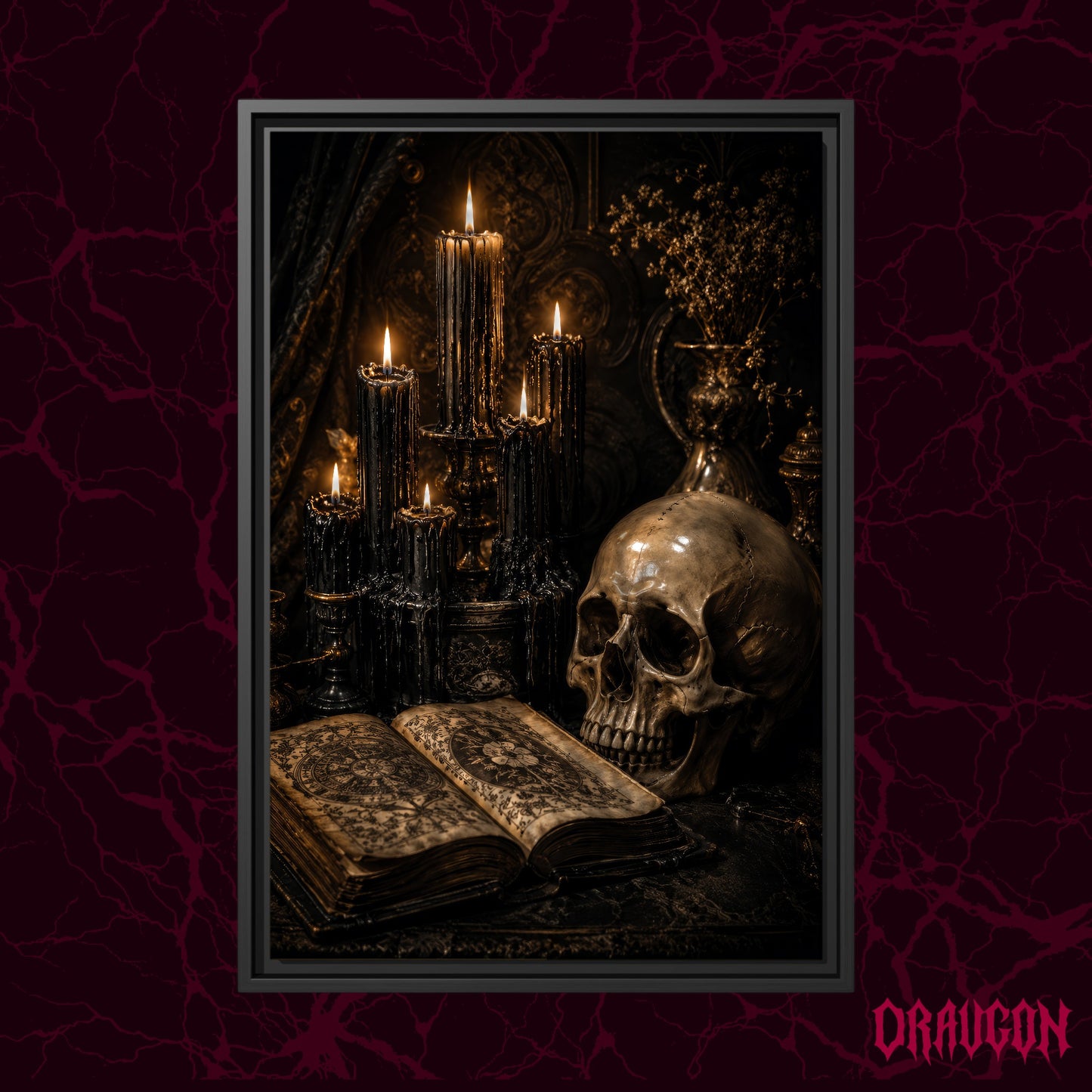 The Black Hours shown as a black framed canvas against a deep red marbled backdrop with the Draugon wordmark in the lower corner, displaying the candles, skull and open grimoire.