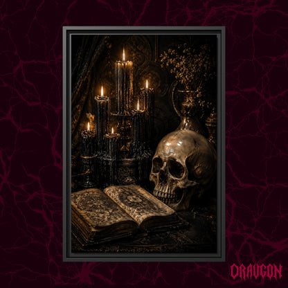 The Black Hours shown as a black framed canvas against a deep red marbled backdrop with the Draugon wordmark in the lower corner, displaying the candles, skull and open grimoire.