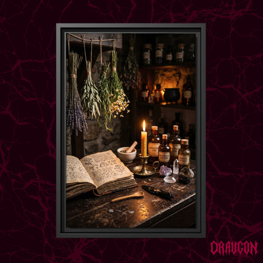 The Herbal shown as a black framed canvas against a deep red marbled backdrop with the Draugon wordmark in the lower corner, displaying the hanging herbs and candlelit worktable.