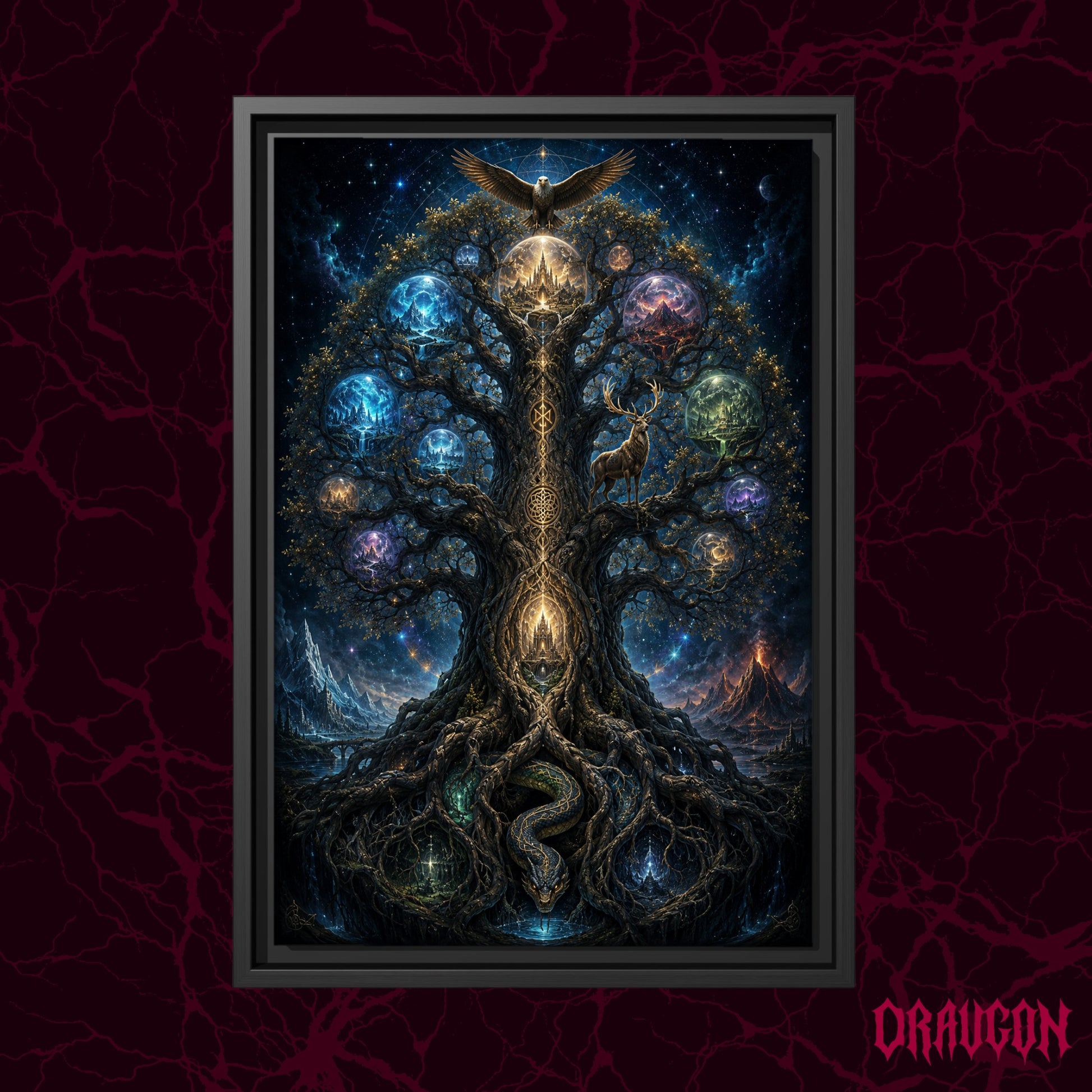 Yggdrasil shown as a black framed canvas against a deep red marbled backdrop with the Draugon wordmark in the lower corner, displaying the full world tree and its nine glowing realms.