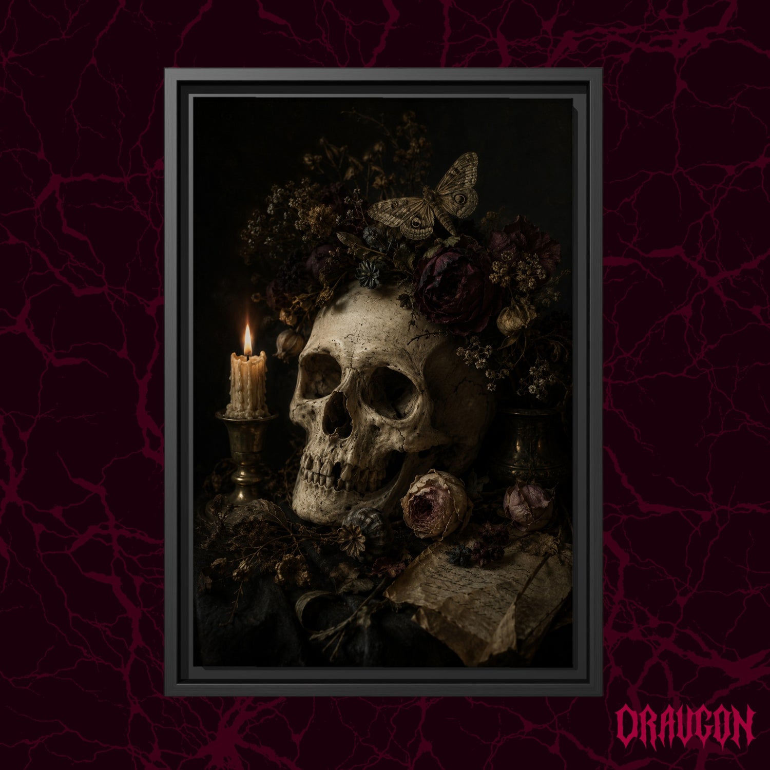 Requiem shown as a black framed canvas against a deep red marbled backdrop with the Draugon wordmark in the lower corner, displaying the flower-crowned skull and its candle.