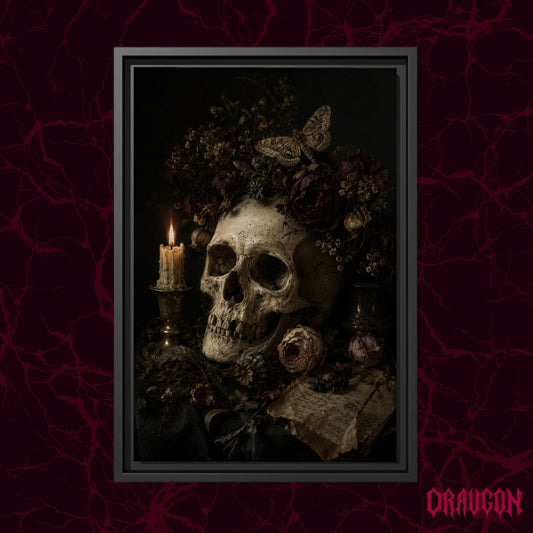 Requiem shown as a black framed canvas against a deep red marbled backdrop with the Draugon wordmark in the lower corner, displaying the flower-crowned skull and its candle.
