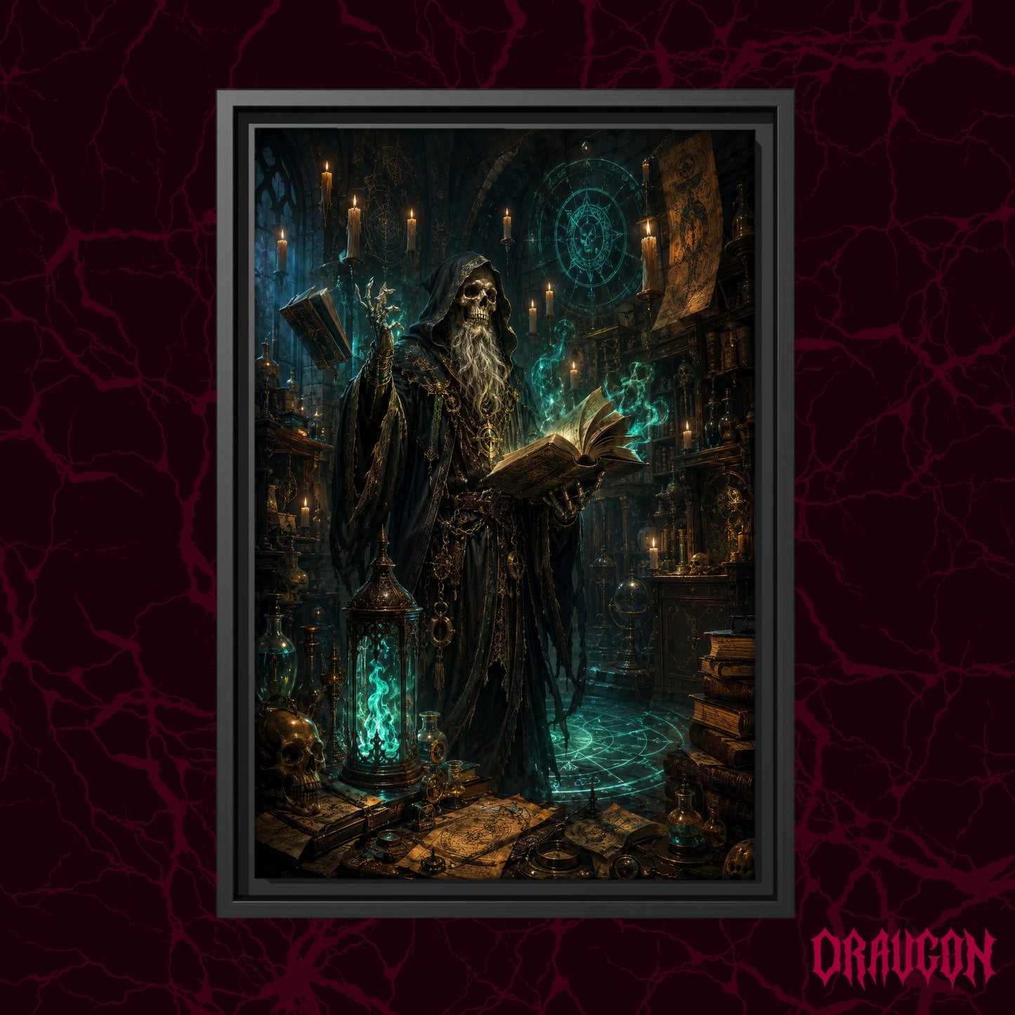  The Hollow Archivist shown as a black framed canvas against a deep red marbled backdrop with the Draugon wordmark in the lower corner, displaying the hooded skeletal sorcerer and his glowing teal sigil circle.