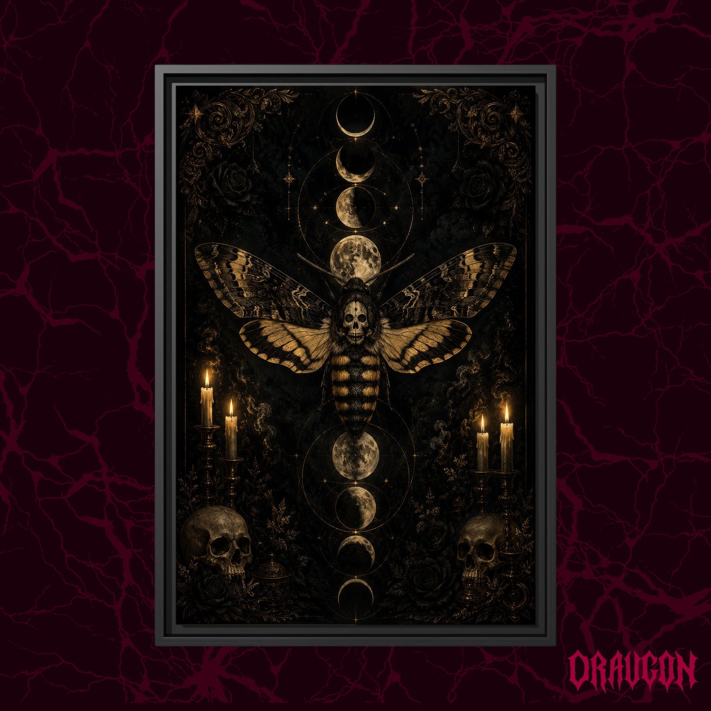 Acherontia shown as a black framed canvas against a deep red marbled backdrop with the Draugon wordmark in the lower corner, displaying the gold death moth over its column of moons.