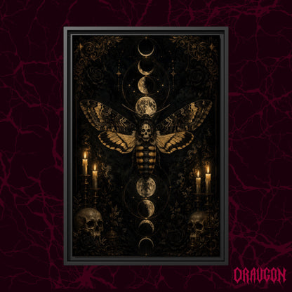 Acherontia shown as a black framed canvas against a deep red marbled backdrop with the Draugon wordmark in the lower corner, displaying the gold death moth over its column of moons.