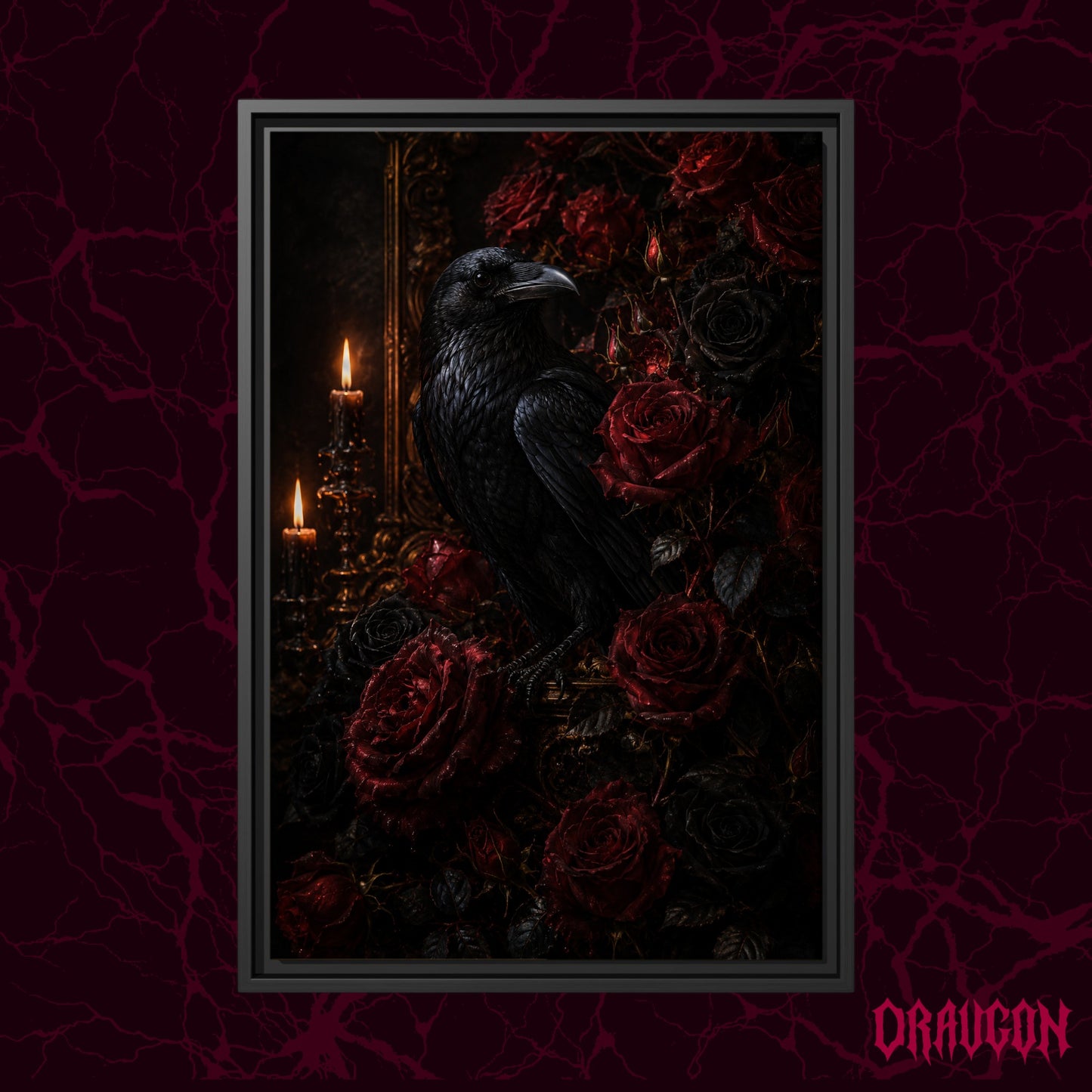 Lenore shown as a black framed canvas against a deep red marbled backdrop with the Draugon wordmark in the lower corner, displaying the raven among crimson roses by candlelight.