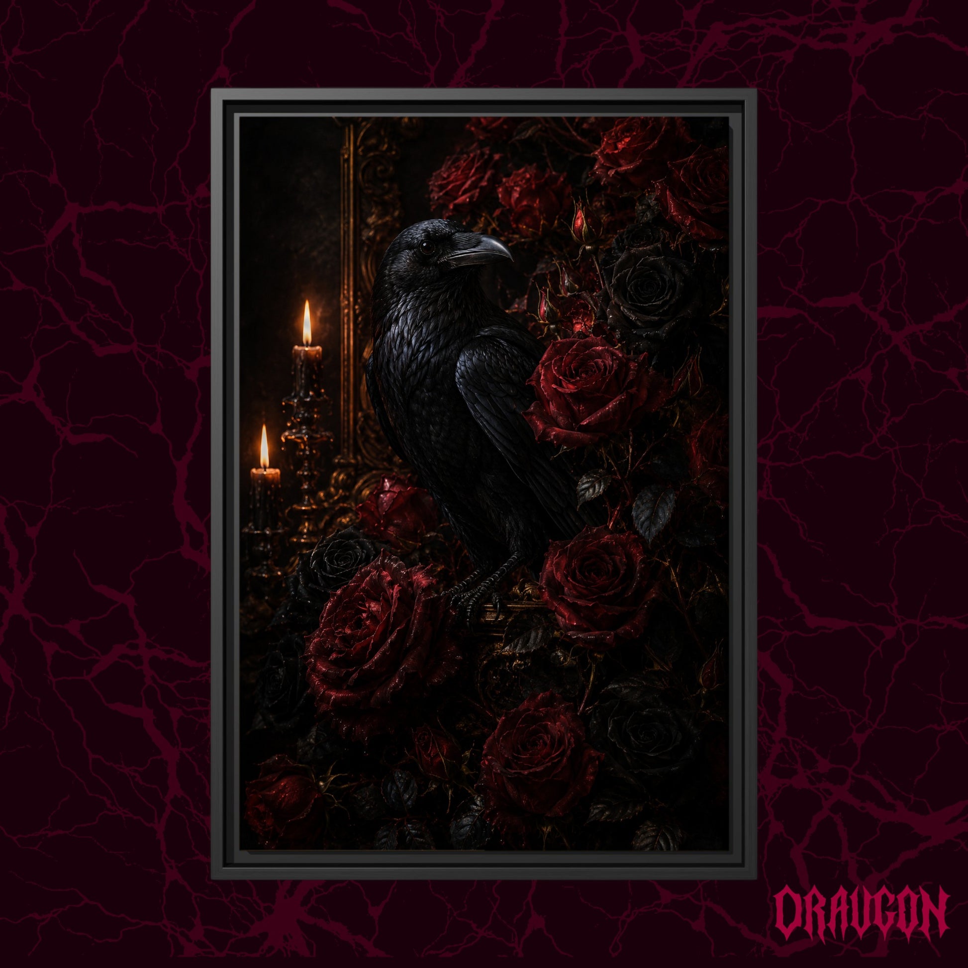Lenore shown as a black framed canvas against a deep red marbled backdrop with the Draugon wordmark in the lower corner, displaying the raven among crimson roses by candlelight.