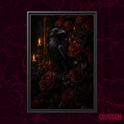 Lenore shown as a black framed canvas against a deep red marbled backdrop with the Draugon wordmark in the lower corner, displaying the raven among crimson roses by candlelight.