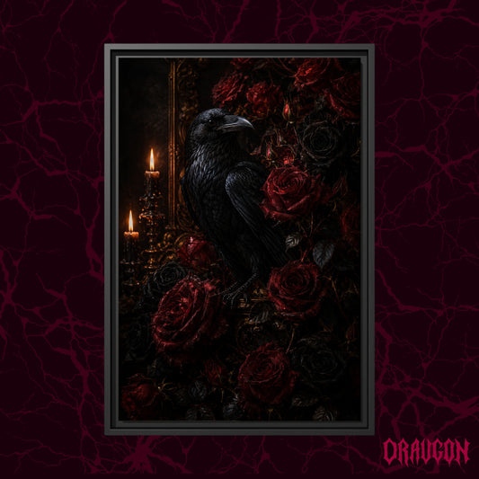 Lenore shown as a black framed canvas against a deep red marbled backdrop with the Draugon wordmark in the lower corner, displaying the raven among crimson roses by candlelight.