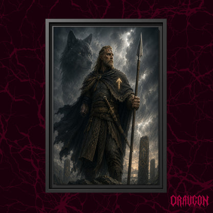 Tyr shown as a black framed canvas against a deep red marbled backdrop with the Draugon wordmark in the lower corner, displaying the one-handed god beneath the wolf in the storm.