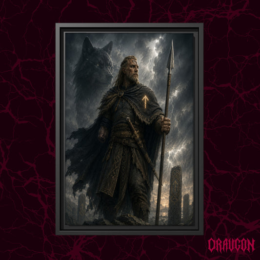Tyr shown as a black framed canvas against a deep red marbled backdrop with the Draugon wordmark in the lower corner, displaying the one-handed god beneath the wolf in the storm.