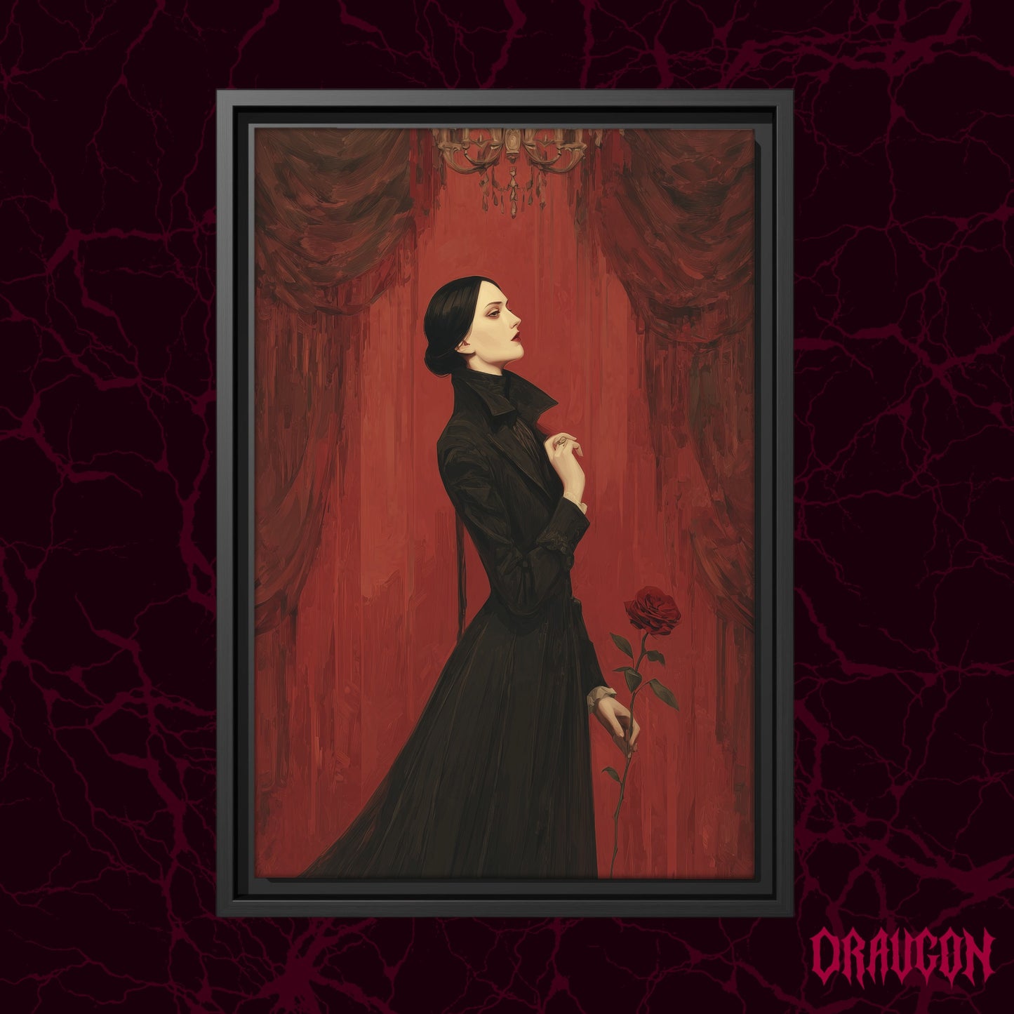 The Countess shown as a black framed canvas against a deep red marbled backdrop with the Draugon wordmark in the lower corner, displaying the full profile portrait in crimson and black.
