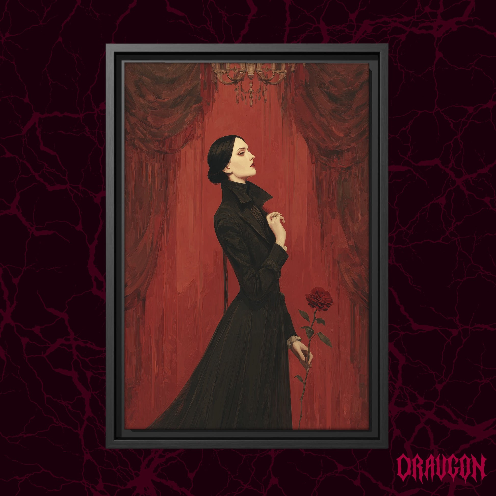 The Countess shown as a black framed canvas against a deep red marbled backdrop with the Draugon wordmark in the lower corner, displaying the full profile portrait in crimson and black.