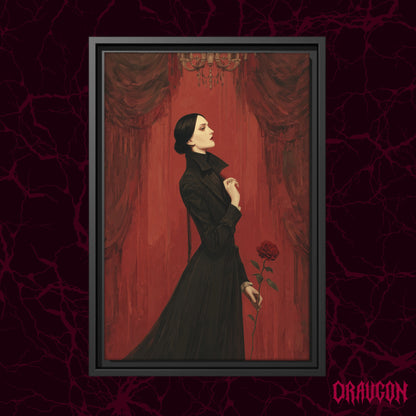 The Countess shown as a black framed canvas against a deep red marbled backdrop with the Draugon wordmark in the lower corner, displaying the full profile portrait in crimson and black.