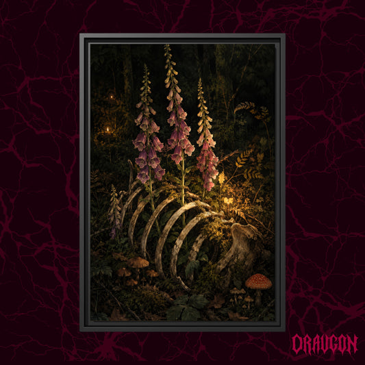 Digitalis shown as a black framed canvas against a deep red marbled backdrop with the Draugon wordmark in the lower corner, displaying the foxgloves growing through the forest-floor ribcage.