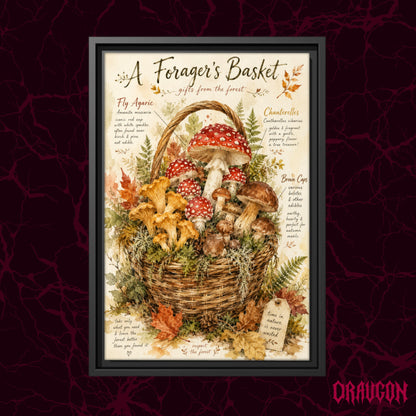 A Forager's Basket shown as a black framed portrait canvas against a deep red marbled backdrop with the Draugon wordmark in the lower corner, displaying the labeled basket of foraged mushrooms.