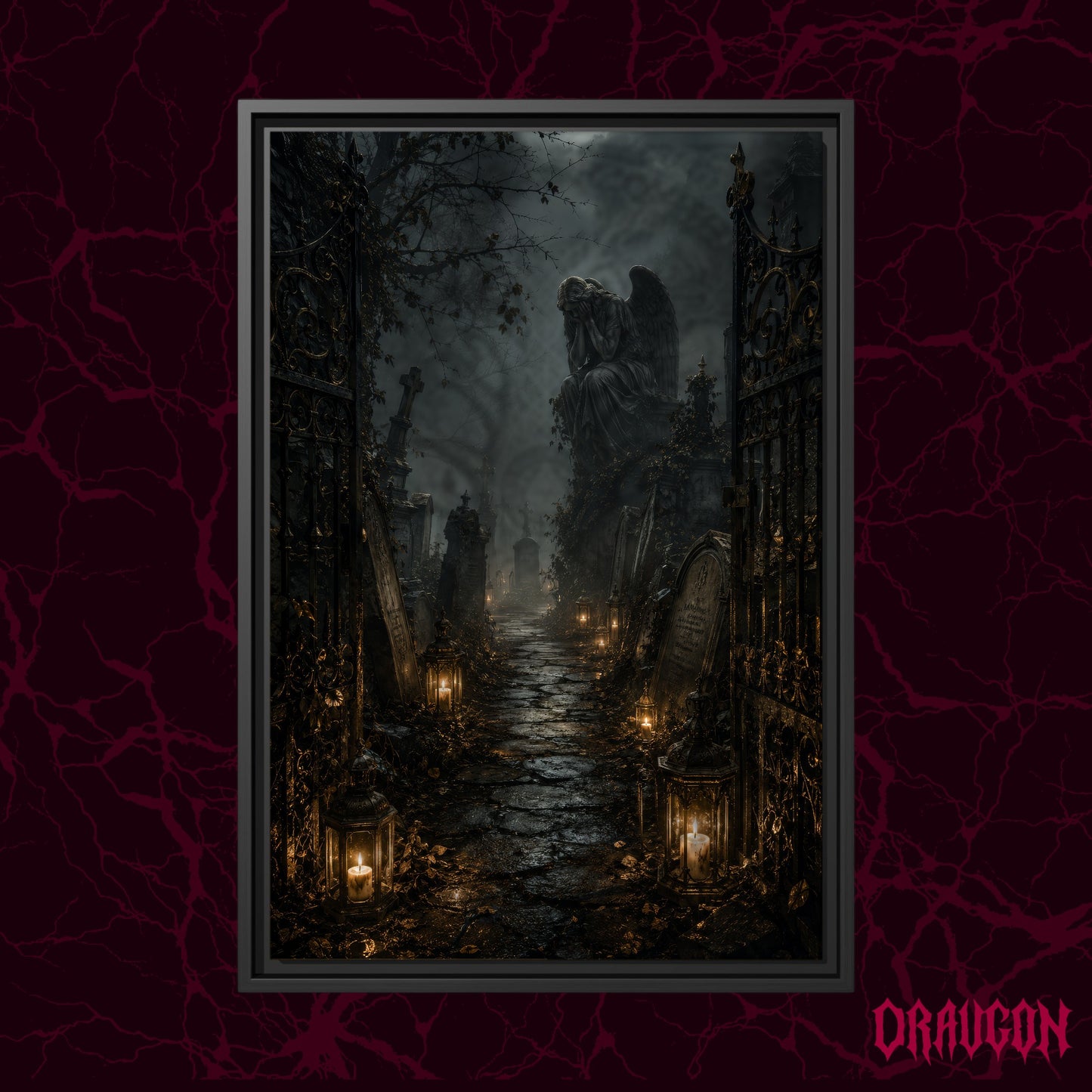 The Lychgate shown as a black framed canvas against a deep red marbled backdrop with the Draugon wordmark in the lower corner, displaying the lantern-lit graveyard path and weeping angel.
