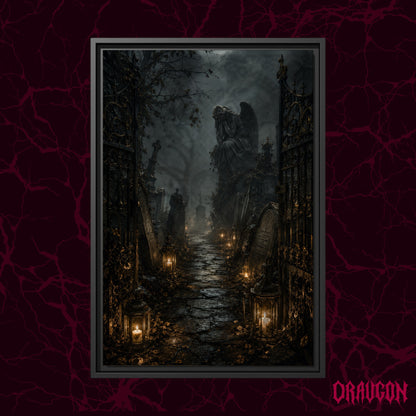 The Lychgate shown as a black framed canvas against a deep red marbled backdrop with the Draugon wordmark in the lower corner, displaying the lantern-lit graveyard path and weeping angel.
