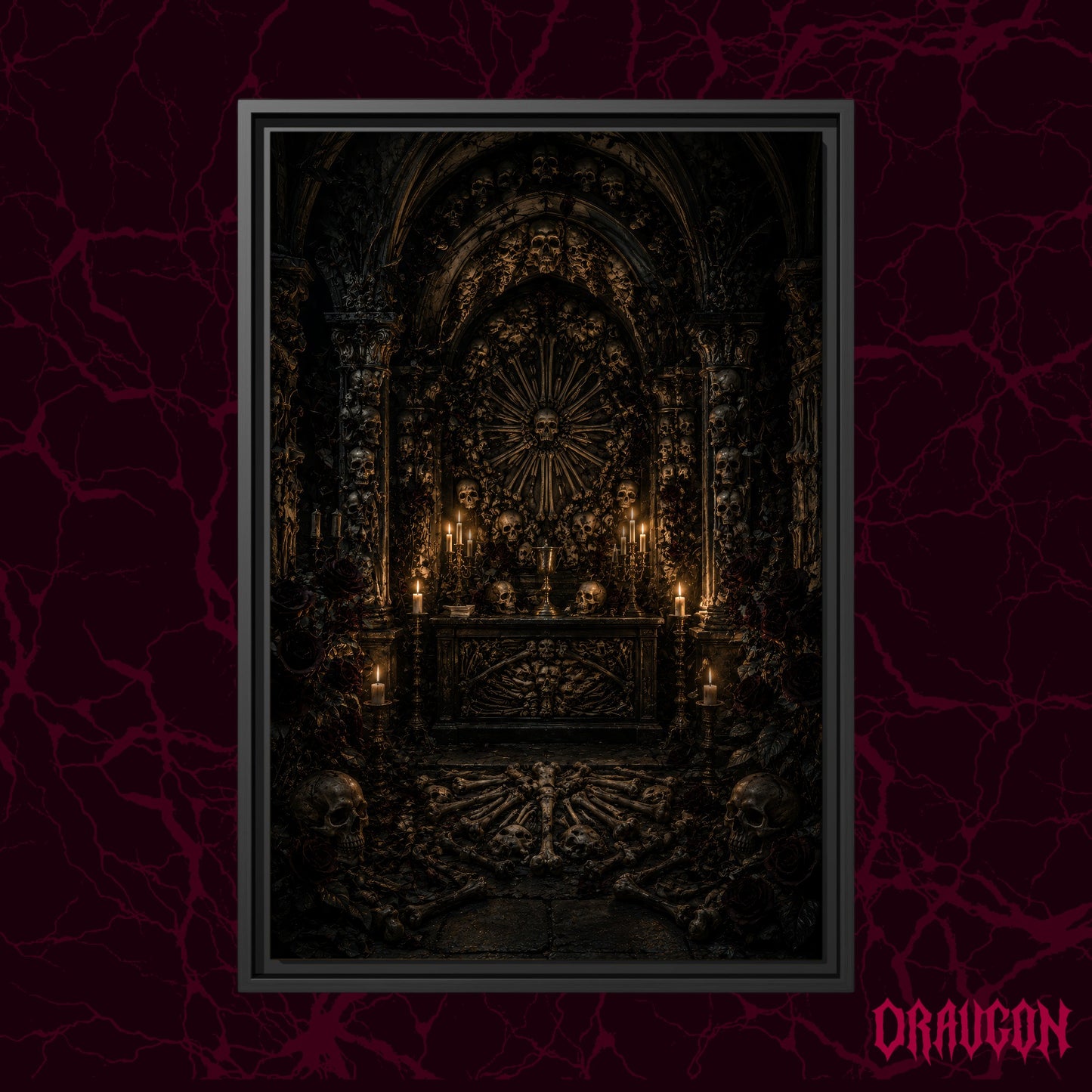 Charnel shown as a black framed canvas against a deep red marbled backdrop with the Draugon wordmark in the lower corner, displaying the candlelit bone chapel and its femur rose window.