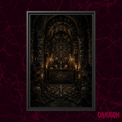  Charnel shown as a black framed canvas against a deep red marbled backdrop with the Draugon wordmark in the lower corner, displaying the candlelit bone chapel and its femur rose window.