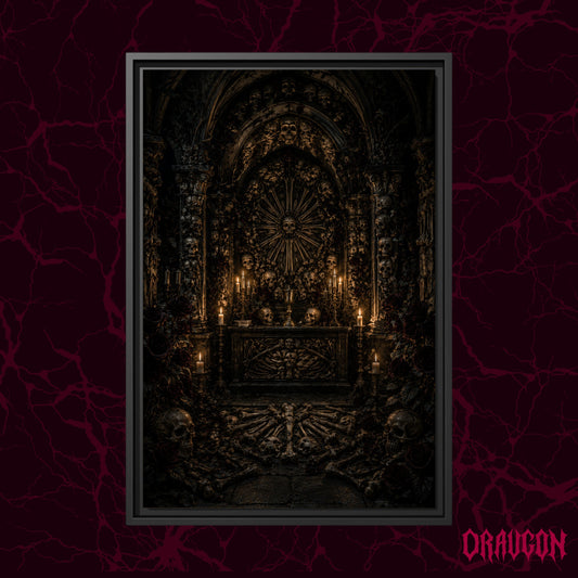  Charnel shown as a black framed canvas against a deep red marbled backdrop with the Draugon wordmark in the lower corner, displaying the candlelit bone chapel and its femur rose window.