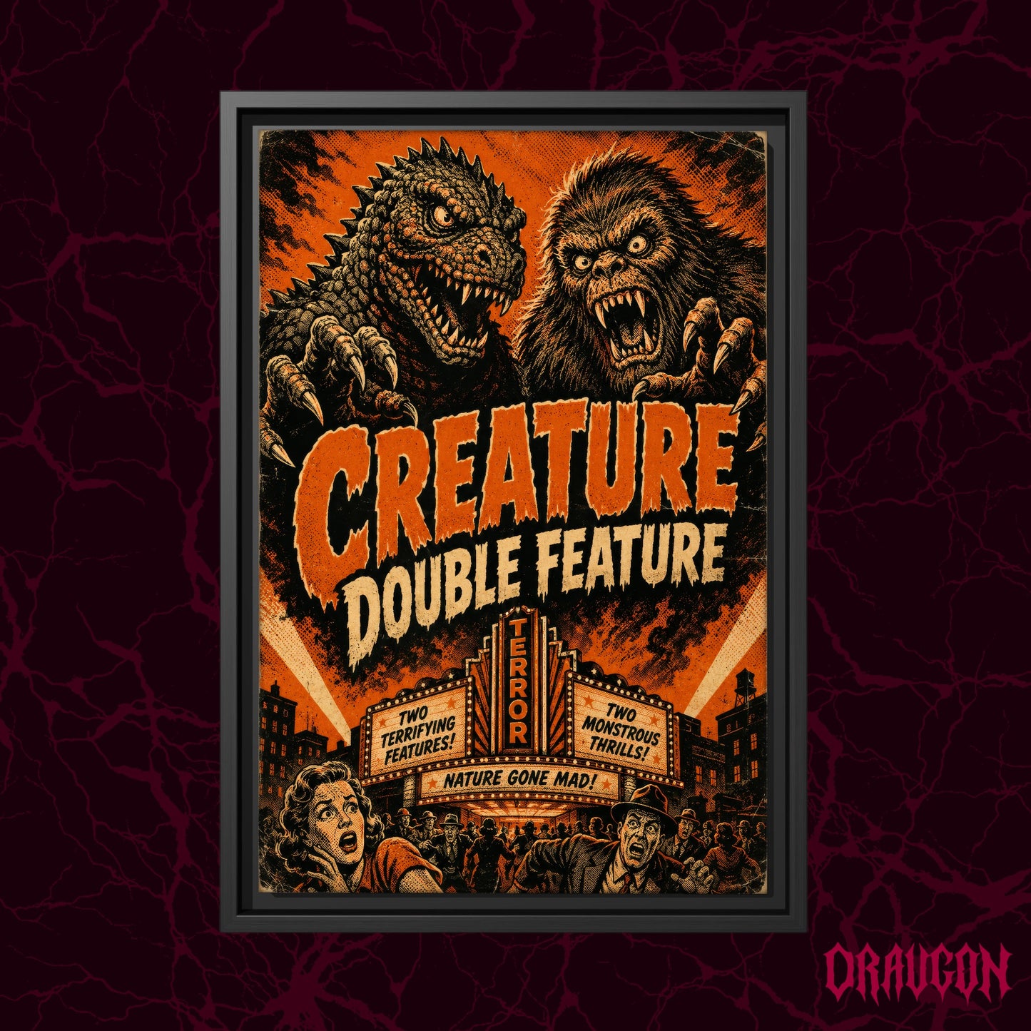 Marquee Mayhem shown as a black framed canvas against a deep red marbled backdrop with the Draugon wordmark in the lower corner, displaying the roaring kaiju and ape above the glowing TERROR marquee.