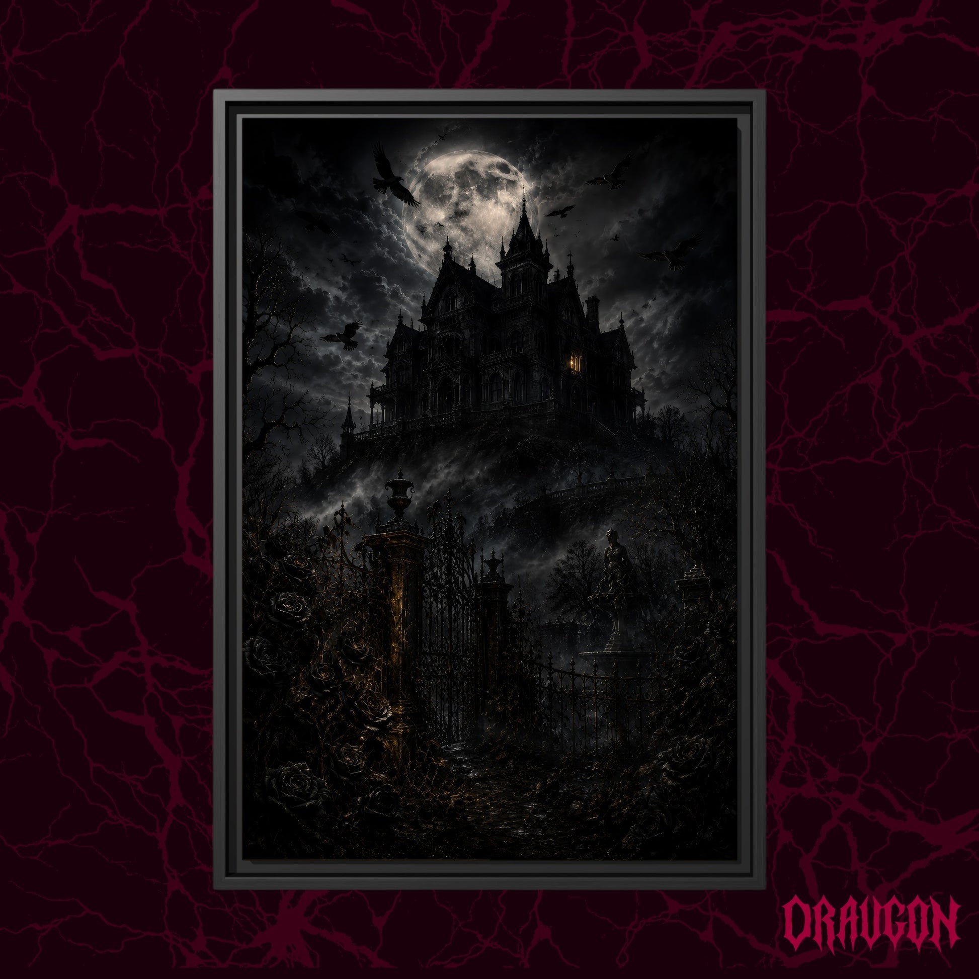 Ravensward shown as a black framed canvas against a deep red marbled backdrop with the Draugon wordmark in the lower corner, displaying the moonlit manor and its open iron gates.
