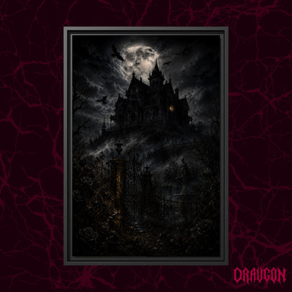 Ravensward shown as a black framed canvas against a deep red marbled backdrop with the Draugon wordmark in the lower corner, displaying the moonlit manor and its open iron gates.