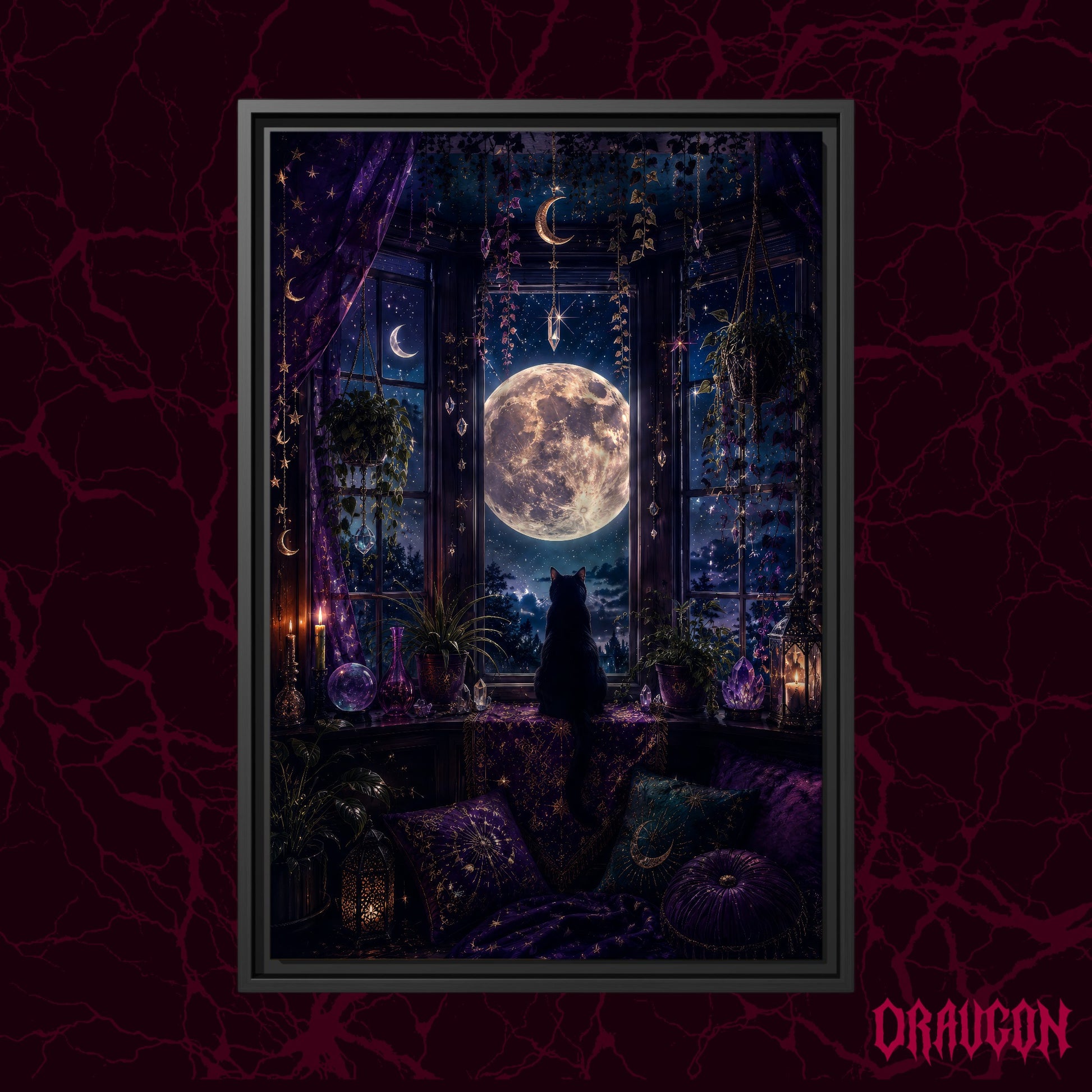 Witch's Window shown as a black framed canvas against a deep red marbled backdrop with the Draugon wordmark in the lower corner, displaying the moonlit bay window and the black cat.