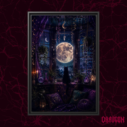 Witch's Window shown as a black framed canvas against a deep red marbled backdrop with the Draugon wordmark in the lower corner, displaying the moonlit bay window and the black cat.