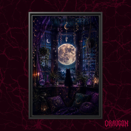 Witch's Window shown as a black framed canvas against a deep red marbled backdrop with the Draugon wordmark in the lower corner, displaying the moonlit bay window and the black cat.