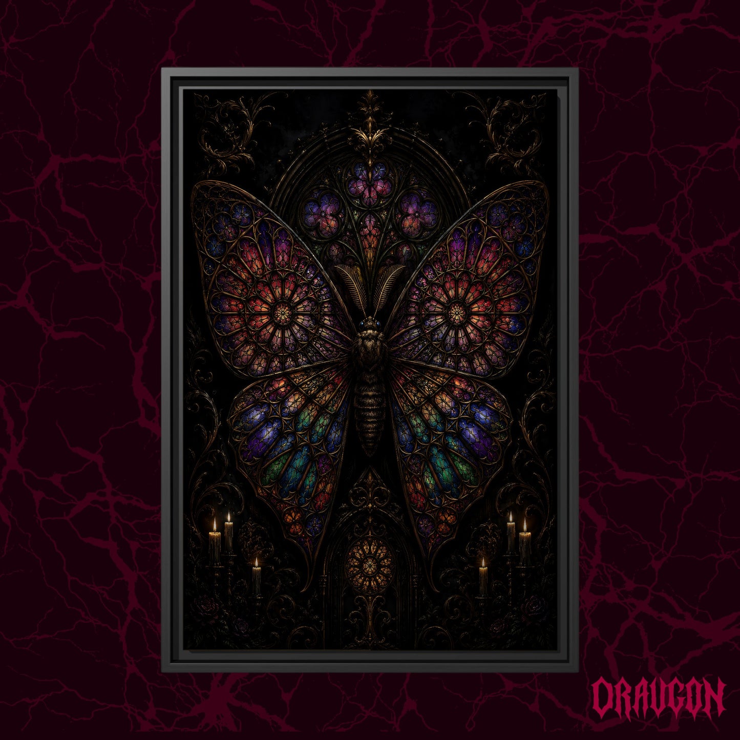 Vitrarium shown as a dark framed canvas against a deep red marbled backdrop with the Draugon wordmark in the lower corner, displaying the full leaded-glass moth with its glowing tracery of red, purple, blue and green panes.