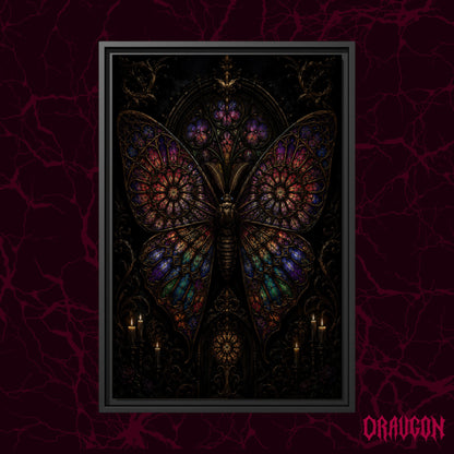 Vitrarium shown as a dark framed canvas against a deep red marbled backdrop with the Draugon wordmark in the lower corner, displaying the full leaded-glass moth with its glowing tracery of red, purple, blue and green panes.